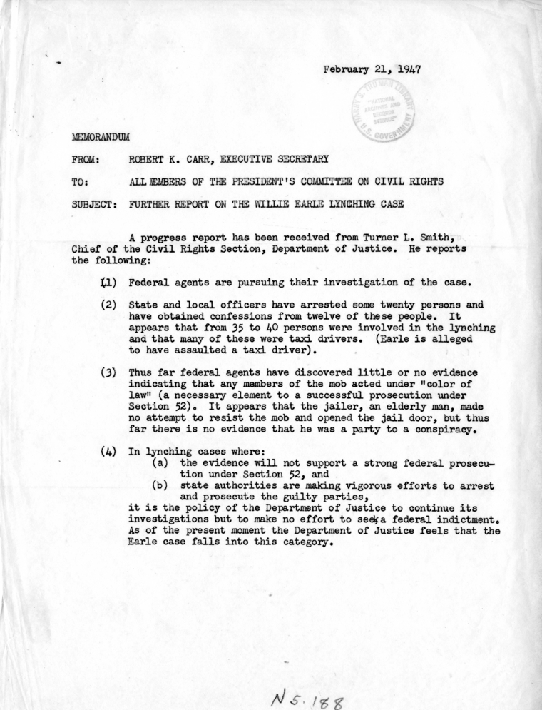 Memorandum, Robert K. Carr to the President&rsquo;s Committee on Civil Rights