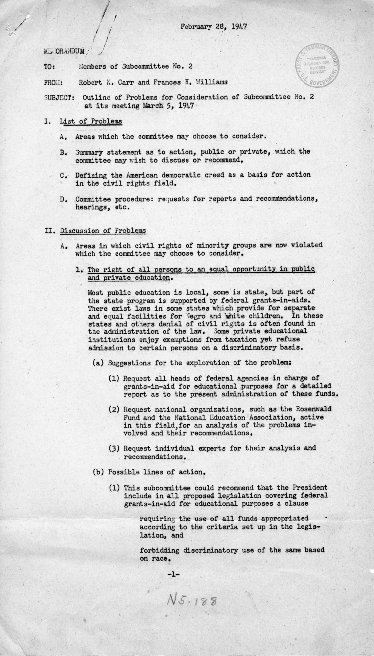 Memorandum, Robert K. Carr to Subcommittee No. 2