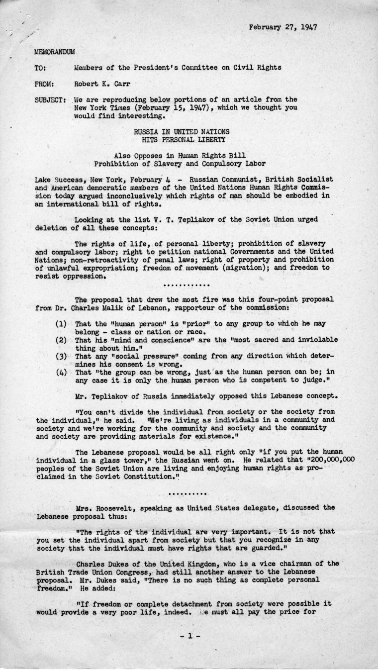 Memorandum, Robert K. Carr to Subcommittee No. 2