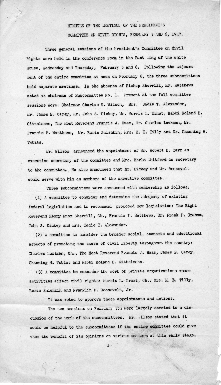 Memorandum, Robert K. Carr to Subcommittee No. 2