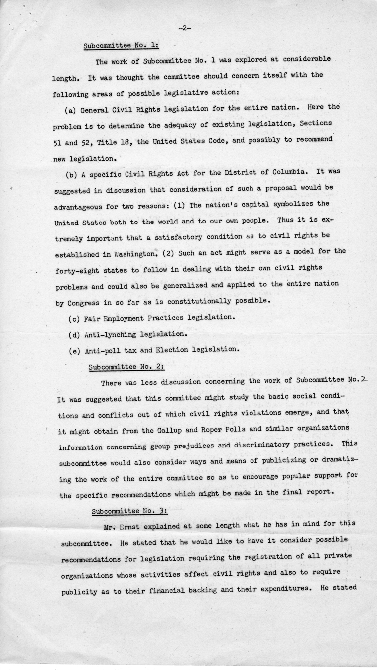 Memorandum, Robert K. Carr to Subcommittee No. 2