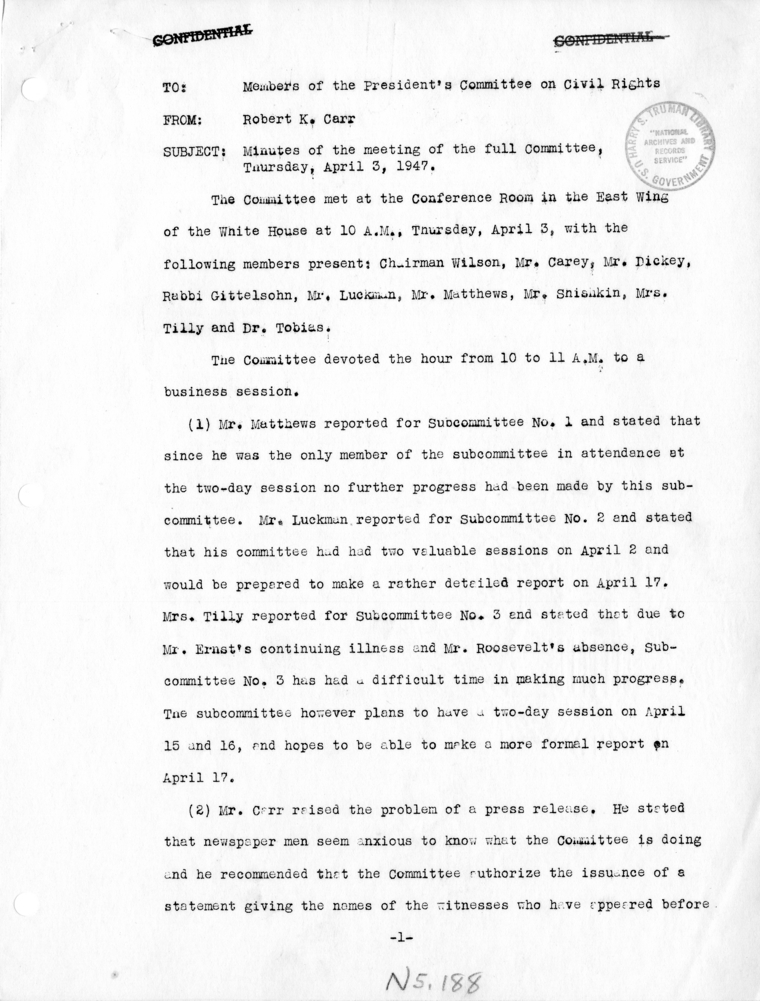 Memorandum, Robert K. Carr to the President&rsquo;s Committee on Civil Rights