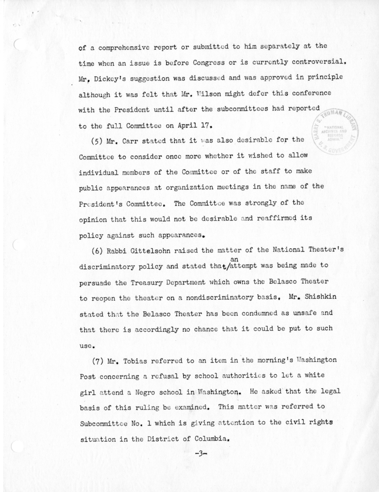 Memorandum, Robert K. Carr to the President&rsquo;s Committee on Civil Rights