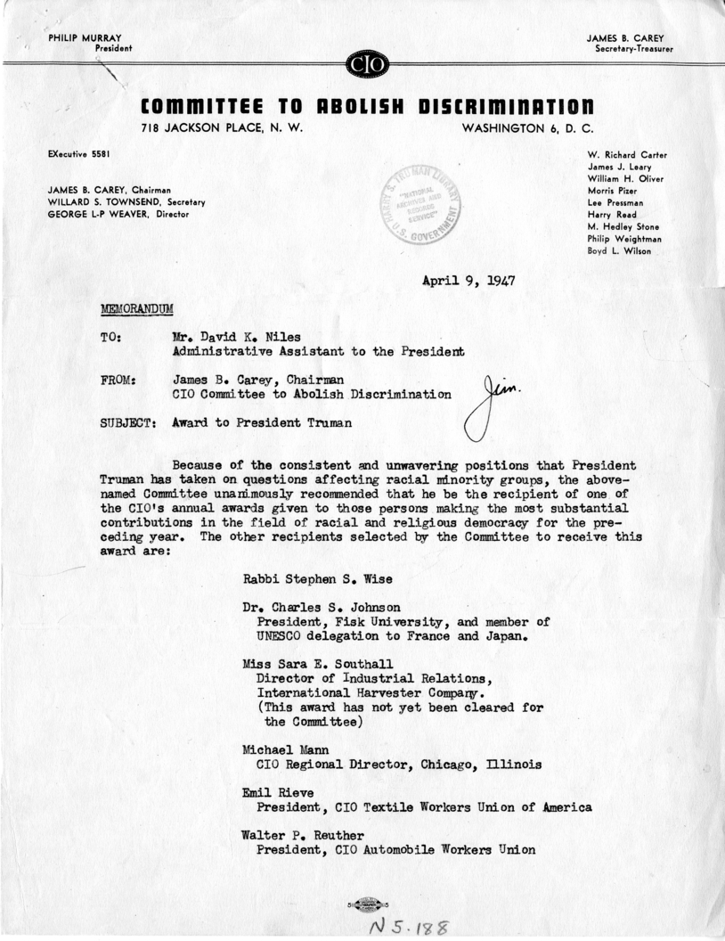 Memorandum, James B. Carey to David K. Niles