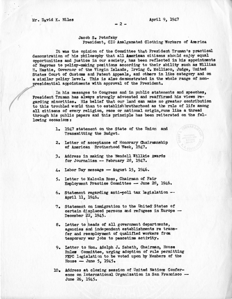 Memorandum, James B. Carey to David K. Niles