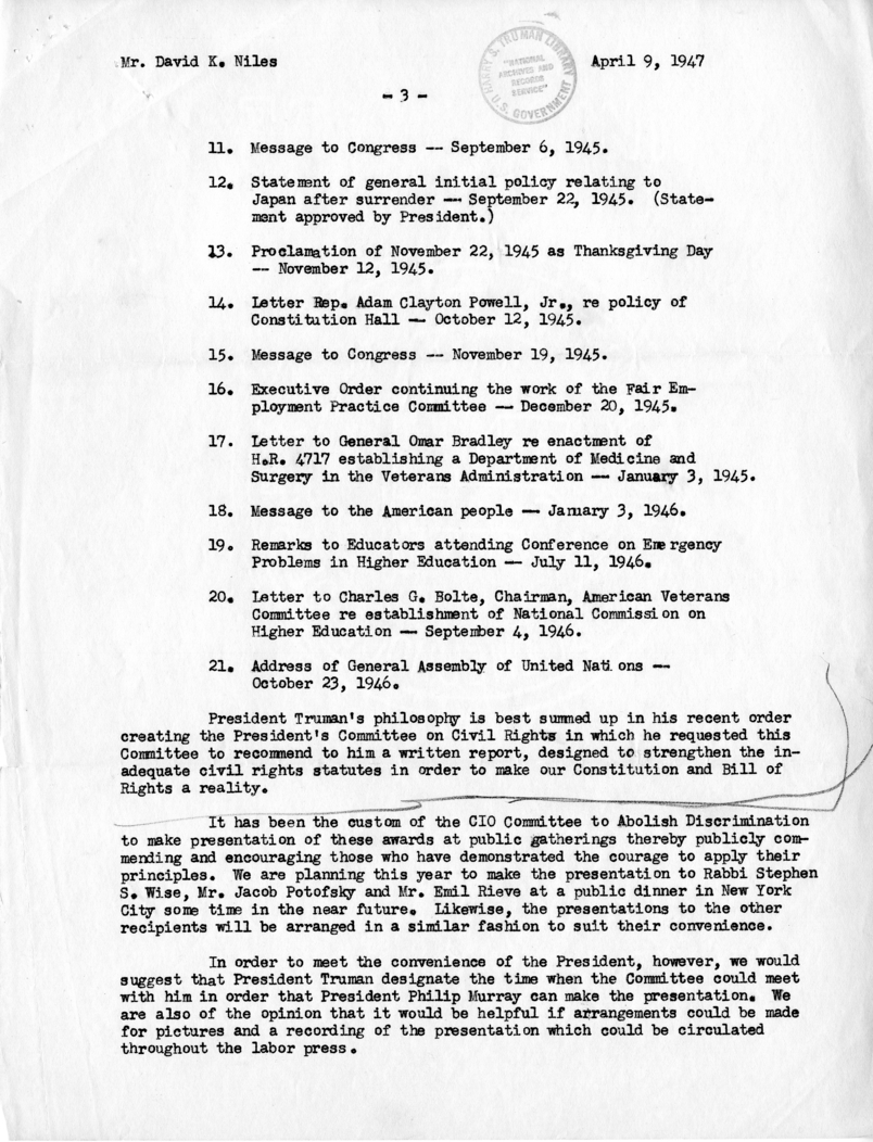 Memorandum, James B. Carey to David K. Niles