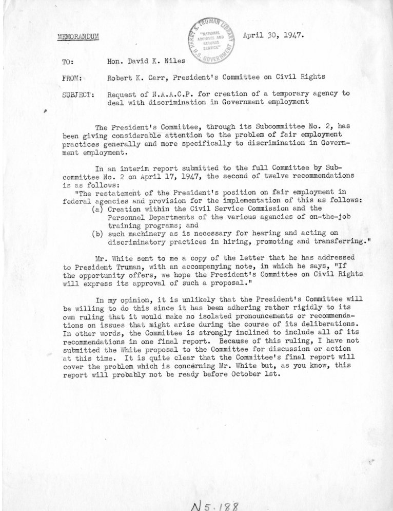 Memorandum, Robert K. Carr to David K. Niles