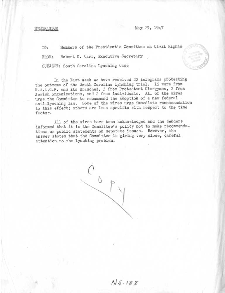 Memorandum, Robert K. Carr to the President&rsquo;s Committee on Civil Rights