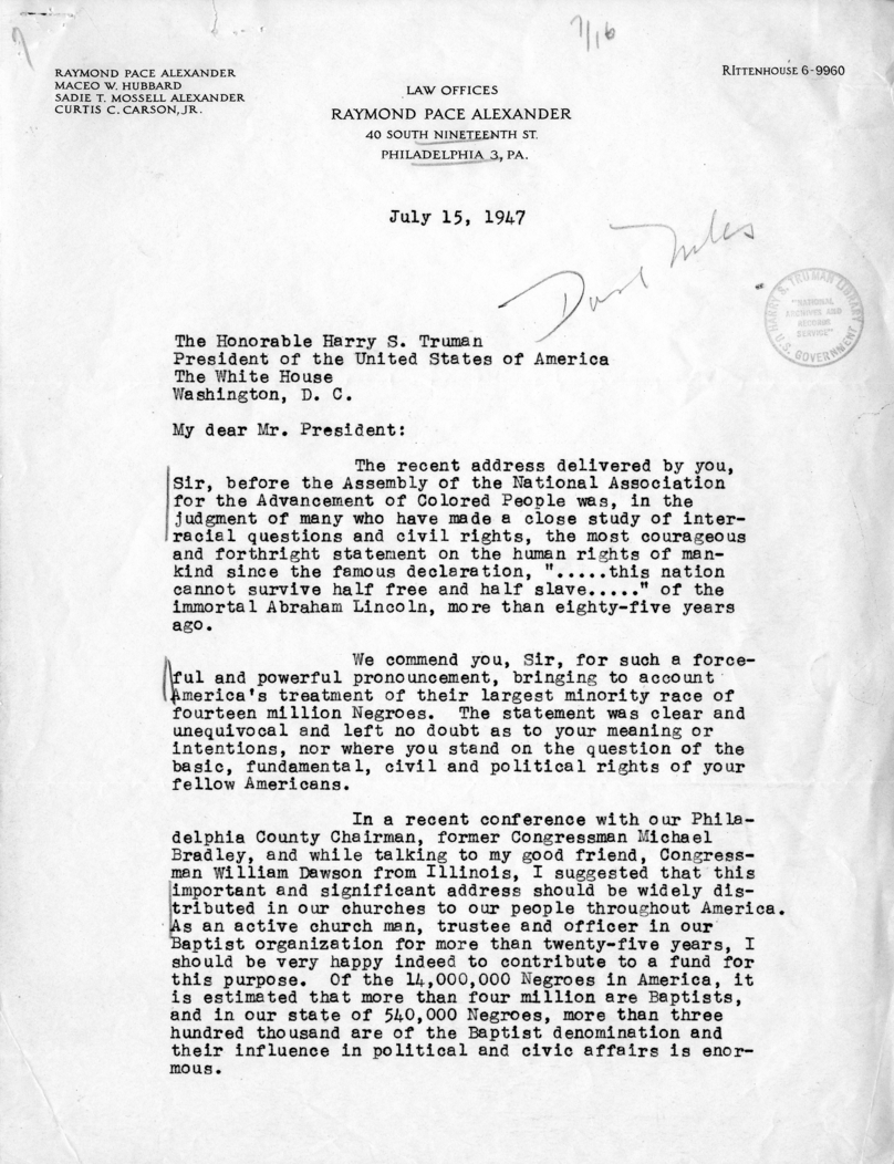 Memorandum, Matthew J. Connelly to David K. Niles, with Attached Letter from Raymond Pace Alexander