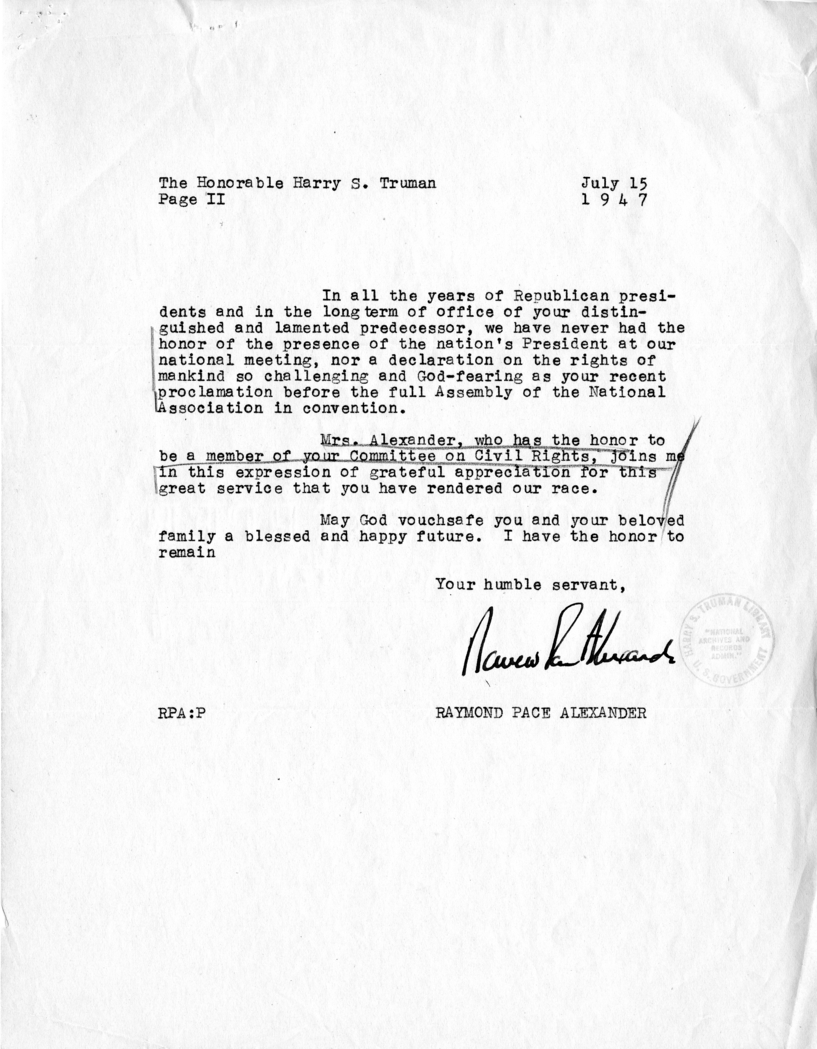 Memorandum, Matthew J. Connelly to David K. Niles, with Attached Letter from Raymond Pace Alexander