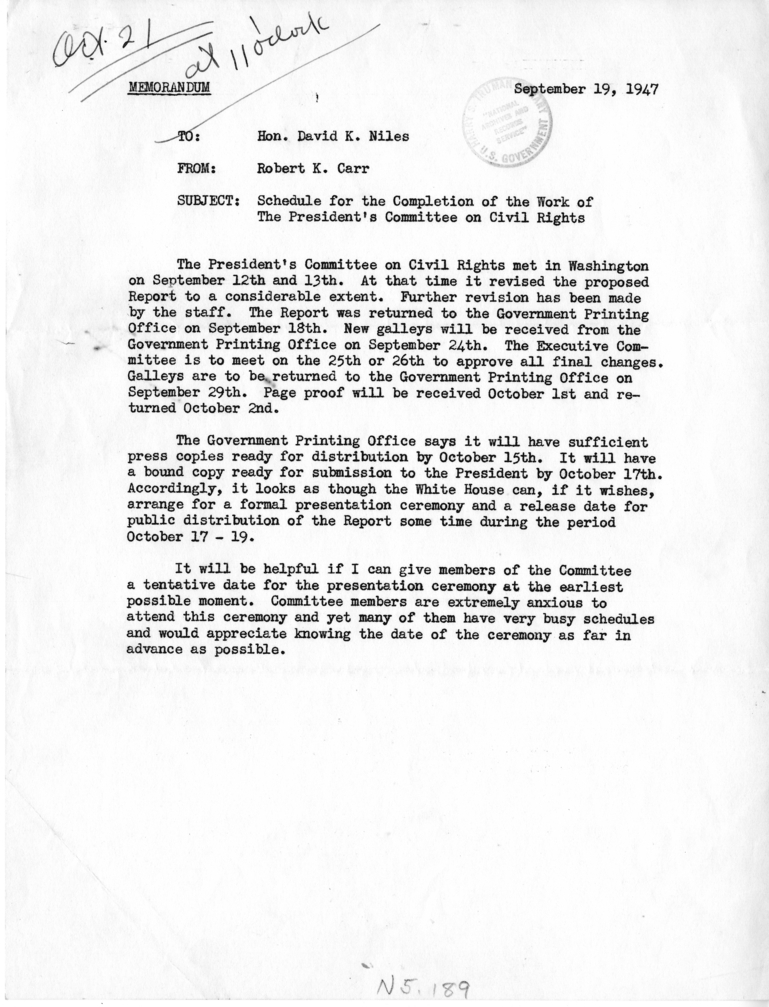 Memorandum, Robert K. Carr to David K, Niles