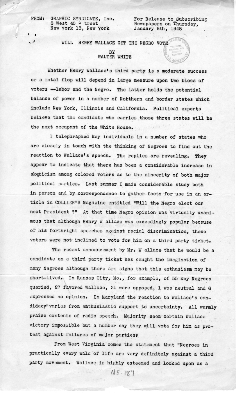 Press Release, &ldquo;Will Henry Wallace Get the Negro Vote,&rdquo; by Walter White