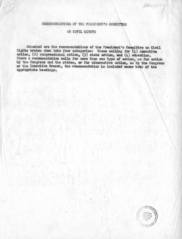 Memo, Recommendations of the President&rsquo;s Committee on Civil Rights