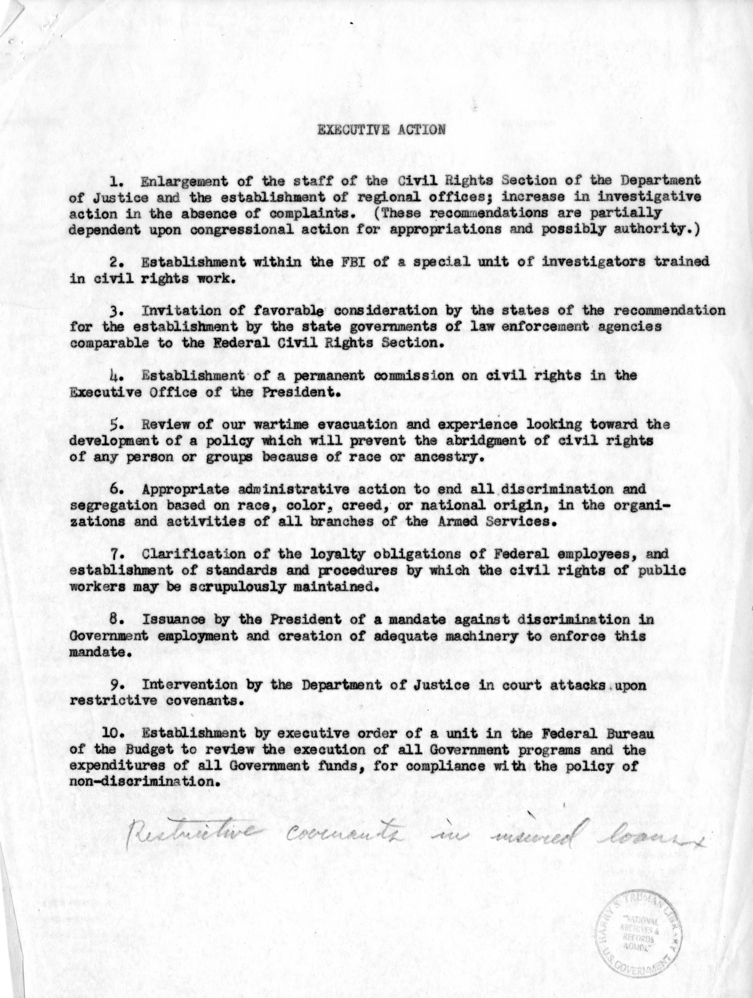 Memo, Recommendations of the President&rsquo;s Committee on Civil Rights