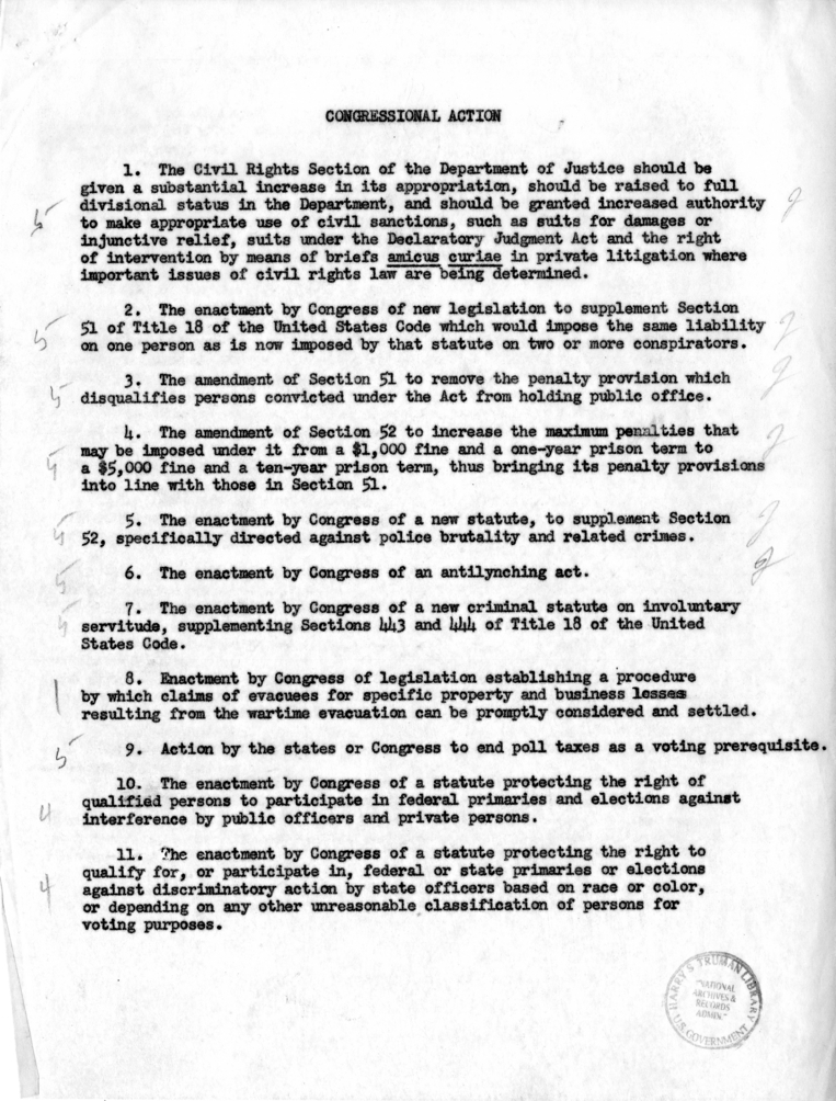 Memo, Recommendations of the President&rsquo;s Committee on Civil Rights