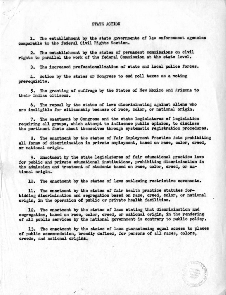 Memo, Recommendations of the President&rsquo;s Committee on Civil Rights