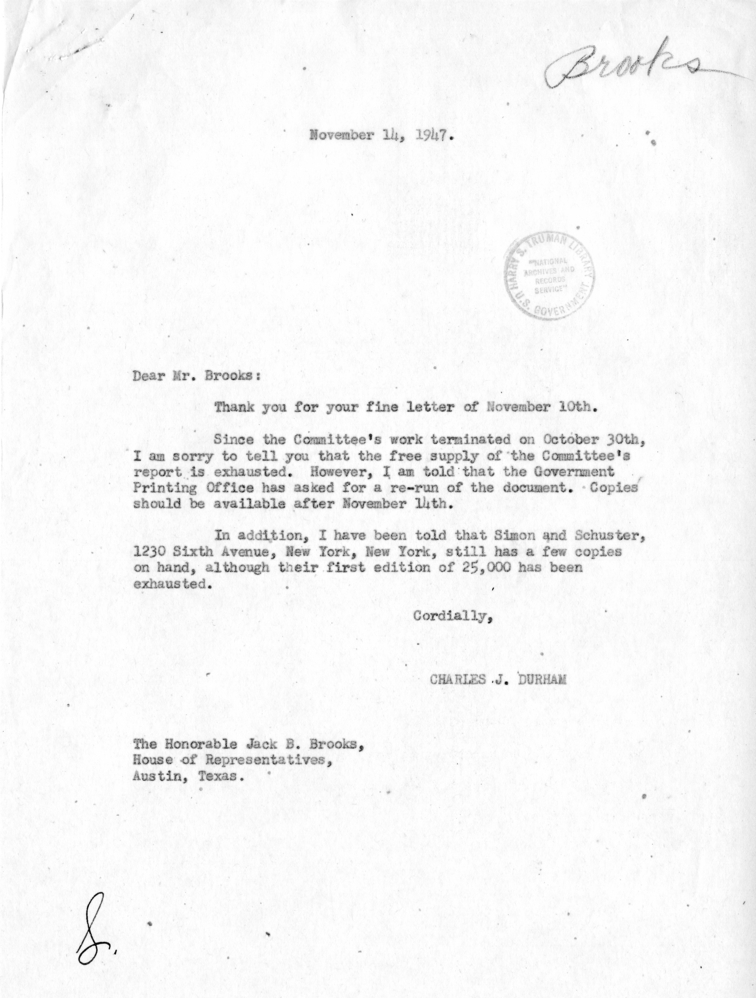Correspondence Between Charles J. Durham and Jack B. Brooks