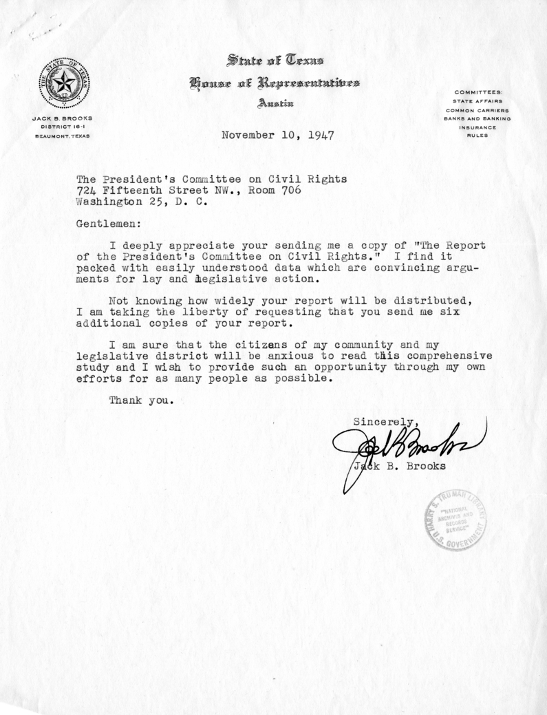 Correspondence Between Charles J. Durham and Jack B. Brooks