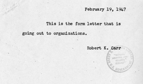 Form Letter from Robert K. Carr, President&#039;s Committee on Civil Rights