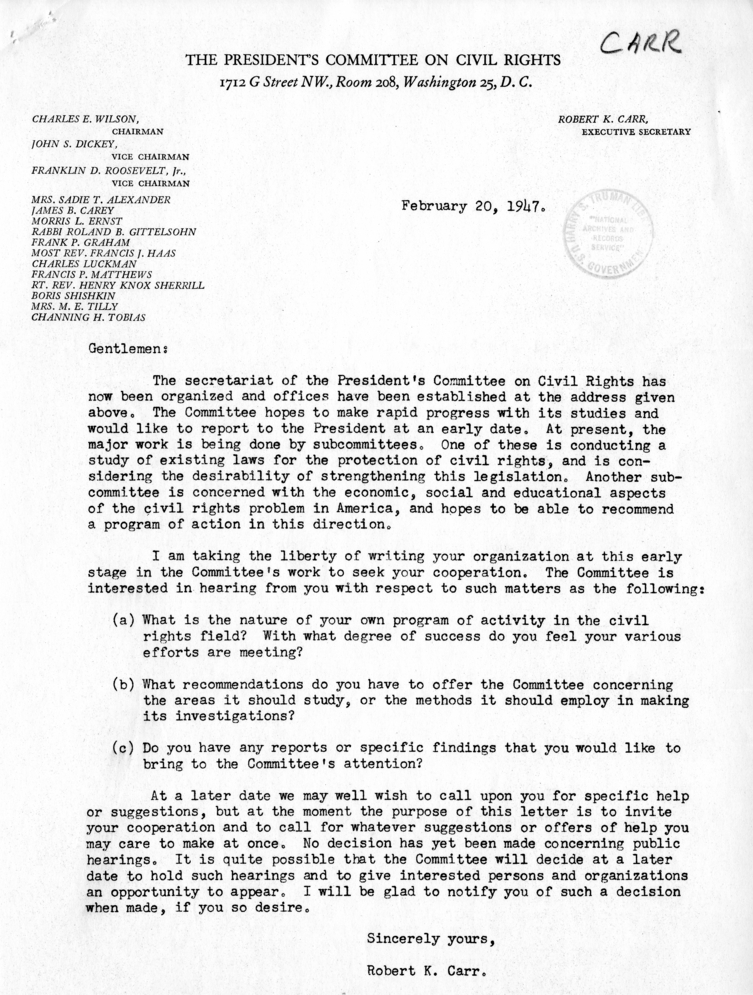 Form Letter from Robert K. Carr, President&#039;s Committee on Civil Rights