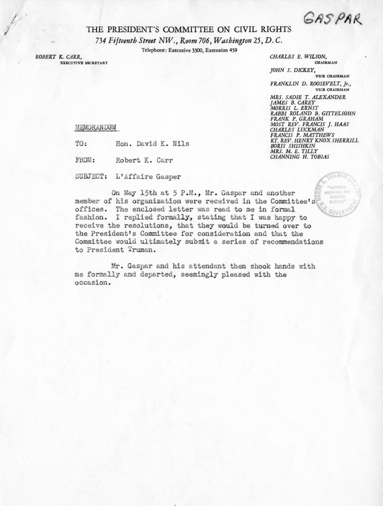 Memorandum, Robert K. Carr to David K. Niles, With Attached Copy of Resolutions to the President&rsquo;s Committee on Civil Rights