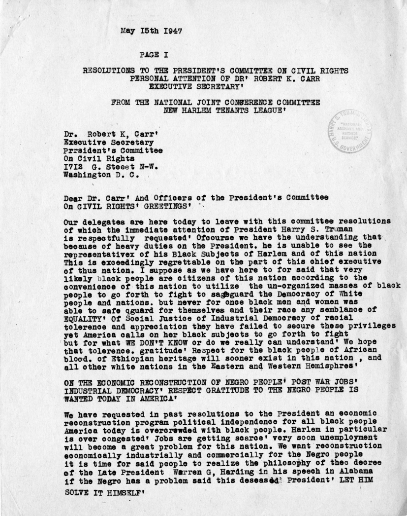 Memorandum, Robert K. Carr to David K. Niles, With Attached Copy of Resolutions to the President&rsquo;s Committee on Civil Rights