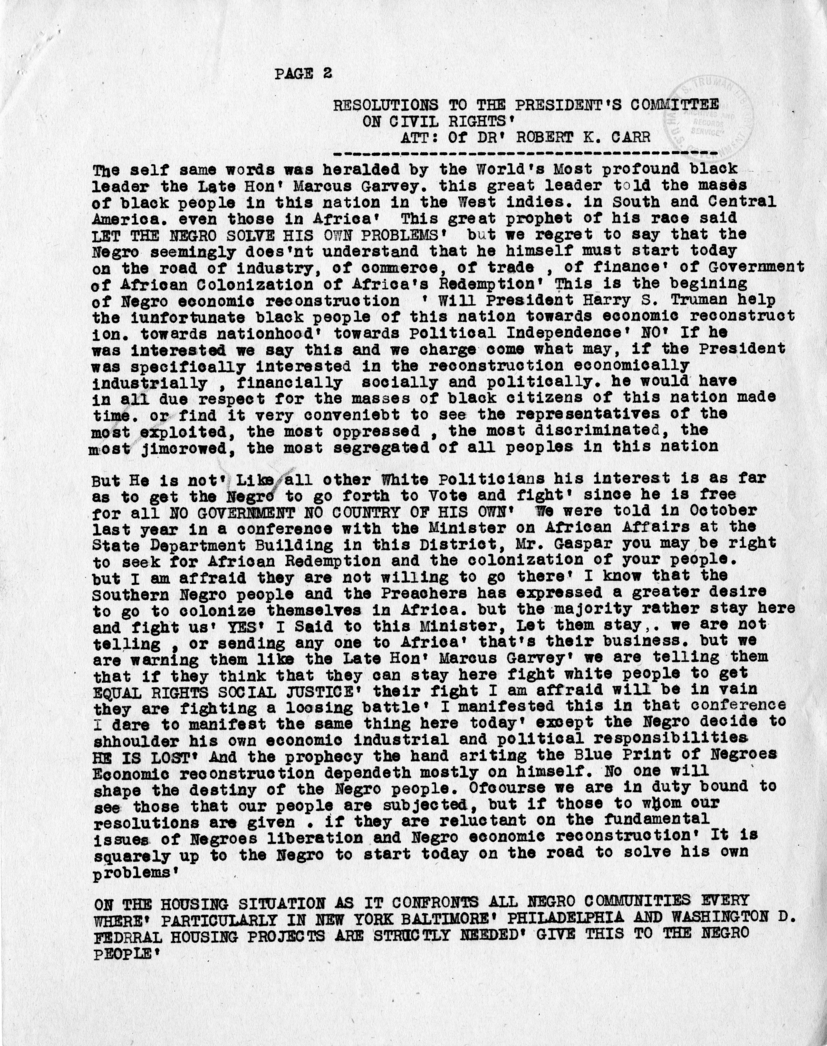 Memorandum, Robert K. Carr to David K. Niles, With Attached Copy of Resolutions to the President&rsquo;s Committee on Civil Rights