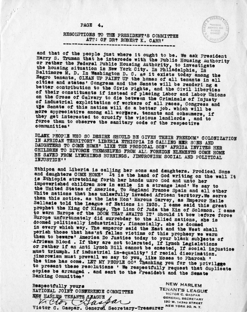 Memorandum, Robert K. Carr to David K. Niles, With Attached Copy of Resolutions to the President&rsquo;s Committee on Civil Rights