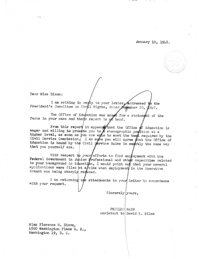 Philleo Nash to Florence M. Dixon, With Attachments