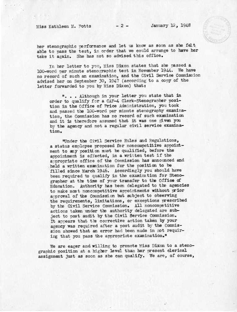 Philleo Nash to Florence M. Dixon, With Attachments