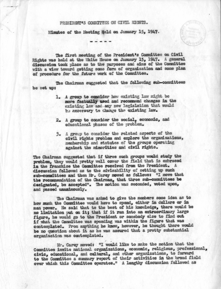 Minutes of Meeting, President&#039;s Committee on Civil Rights