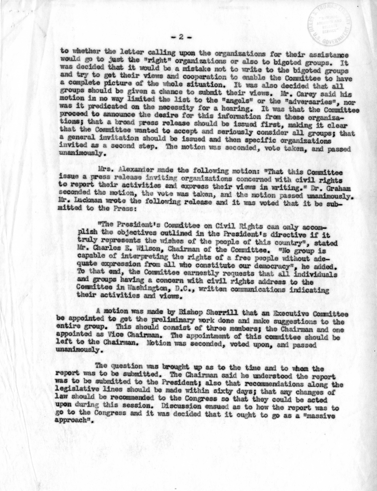 Minutes of Meeting, President&#039;s Committee on Civil Rights
