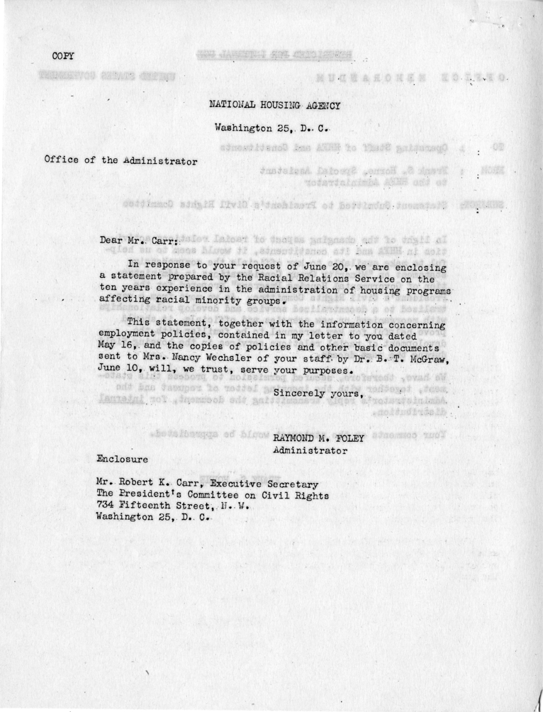 Memorandum,  Frank S. Horne to Philleo Nash, With Attached Statement to the President&#039;s Committee on Civil Rights