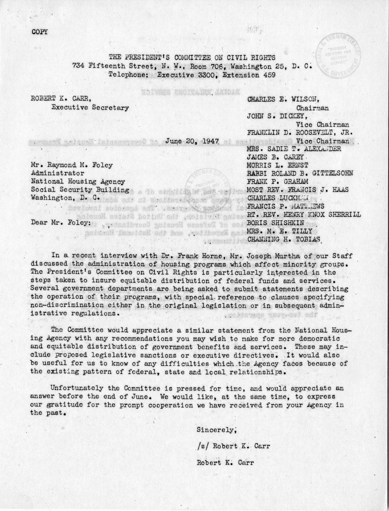 Memorandum,  Frank S. Horne to Philleo Nash, With Attached Statement to the President&#039;s Committee on Civil Rights