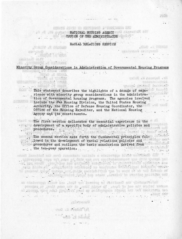 Memorandum,  Frank S. Horne to Philleo Nash, With Attached Statement to the President&#039;s Committee on Civil Rights