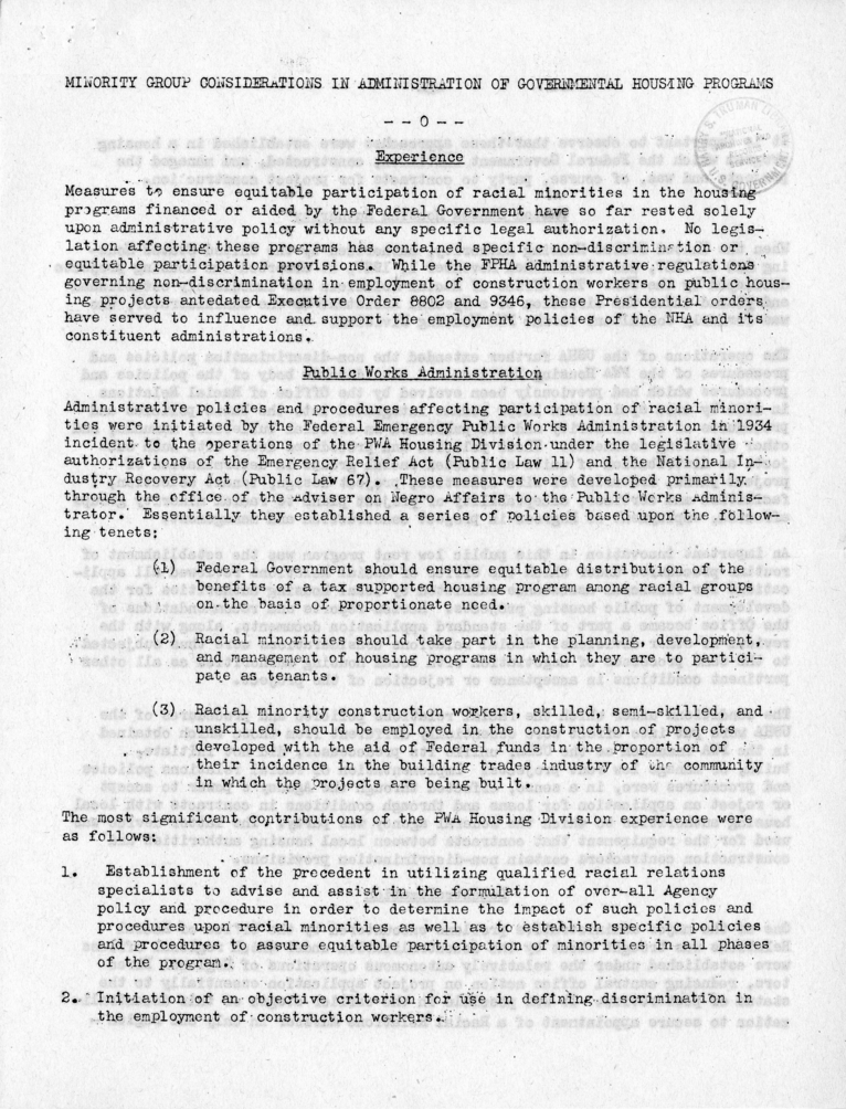 Memorandum,  Frank S. Horne to Philleo Nash, With Attached Statement to the President&#039;s Committee on Civil Rights