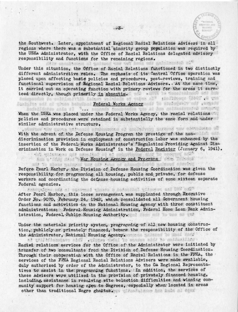 Memorandum,  Frank S. Horne to Philleo Nash, With Attached Statement to the President&#039;s Committee on Civil Rights