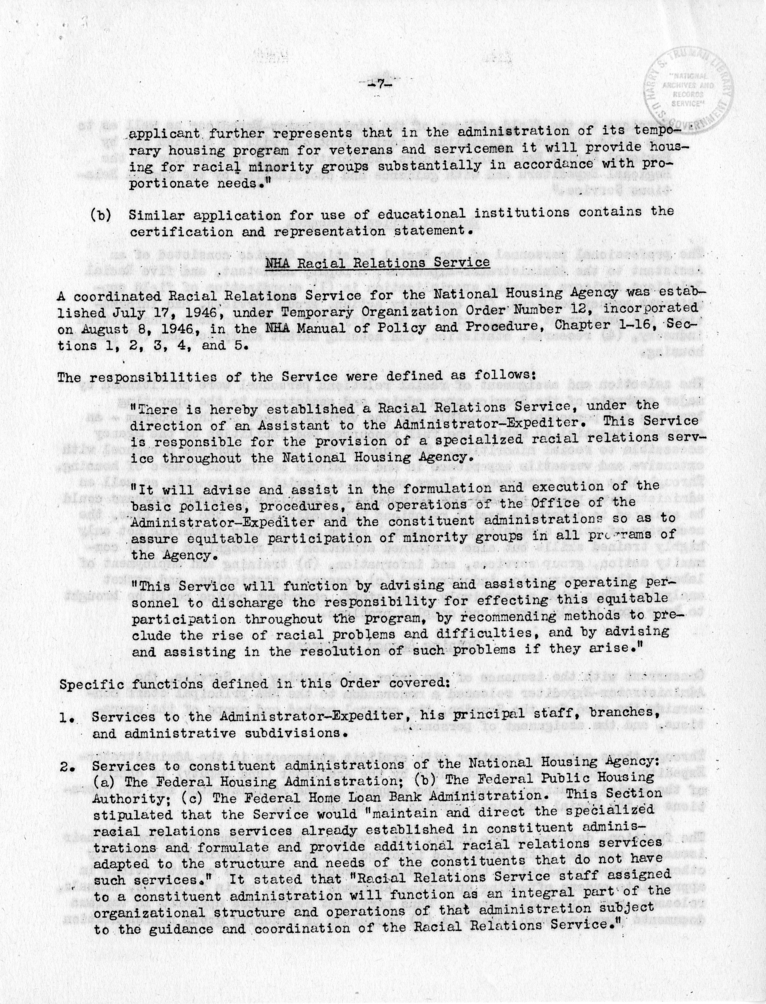 Memorandum,  Frank S. Horne to Philleo Nash, With Attached Statement to the President&#039;s Committee on Civil Rights