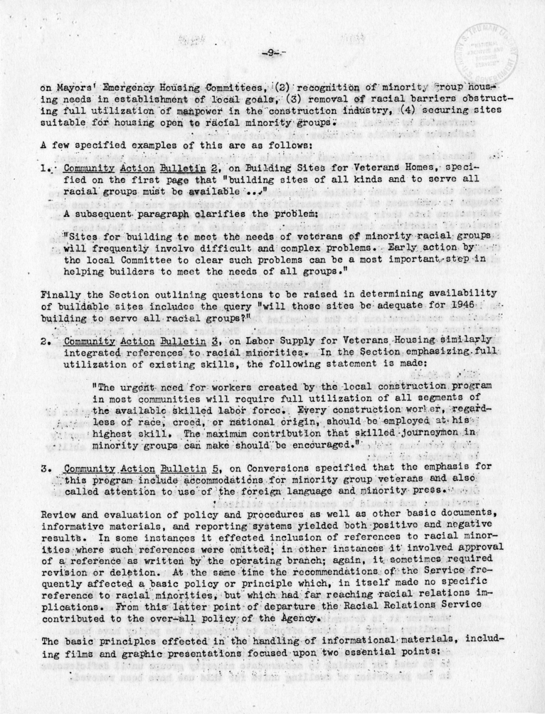 Memorandum,  Frank S. Horne to Philleo Nash, With Attached Statement to the President&#039;s Committee on Civil Rights