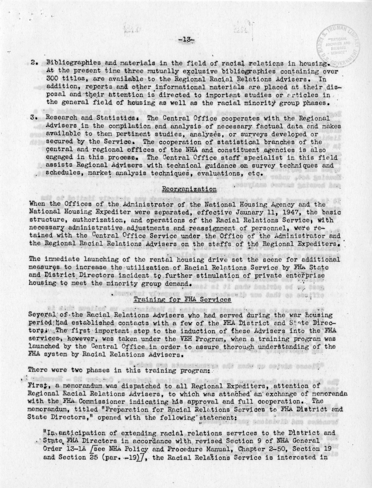 Memorandum,  Frank S. Horne to Philleo Nash, With Attached Statement to the President&#039;s Committee on Civil Rights