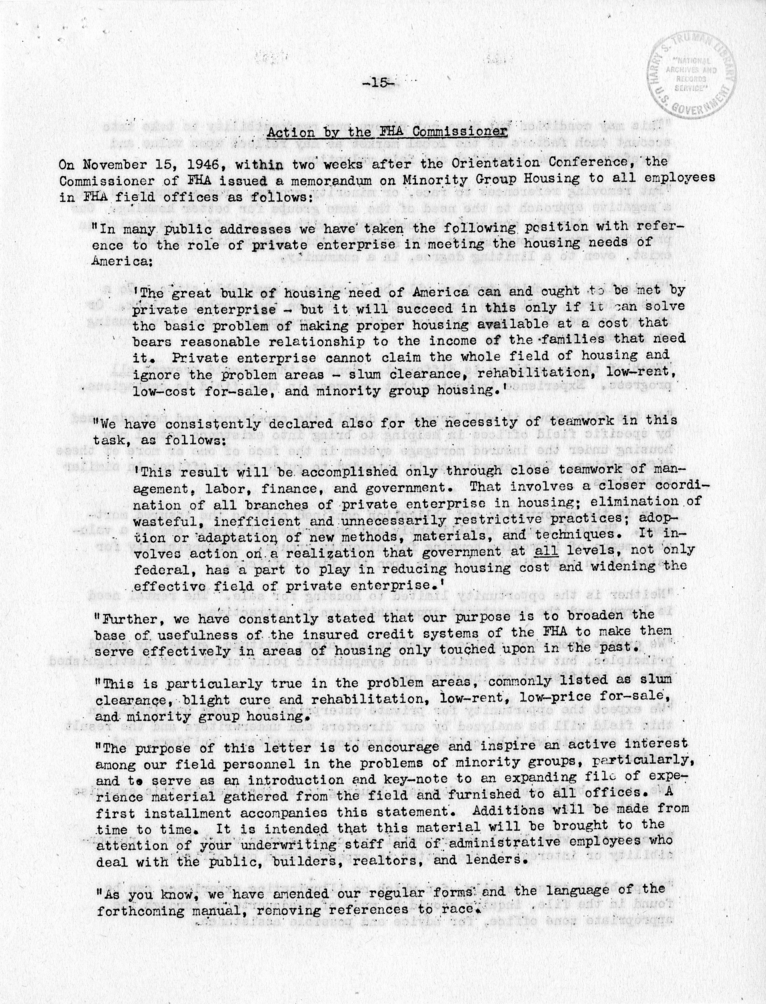 Memorandum,  Frank S. Horne to Philleo Nash, With Attached Statement to the President&#039;s Committee on Civil Rights