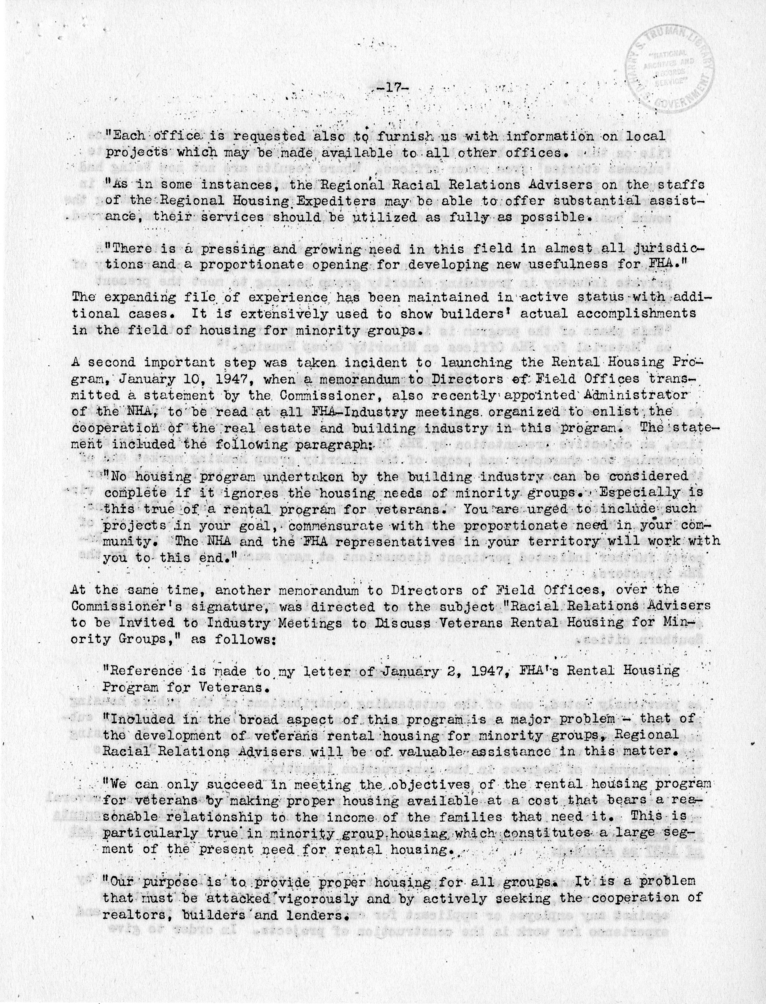 Memorandum,  Frank S. Horne to Philleo Nash, With Attached Statement to the President&#039;s Committee on Civil Rights