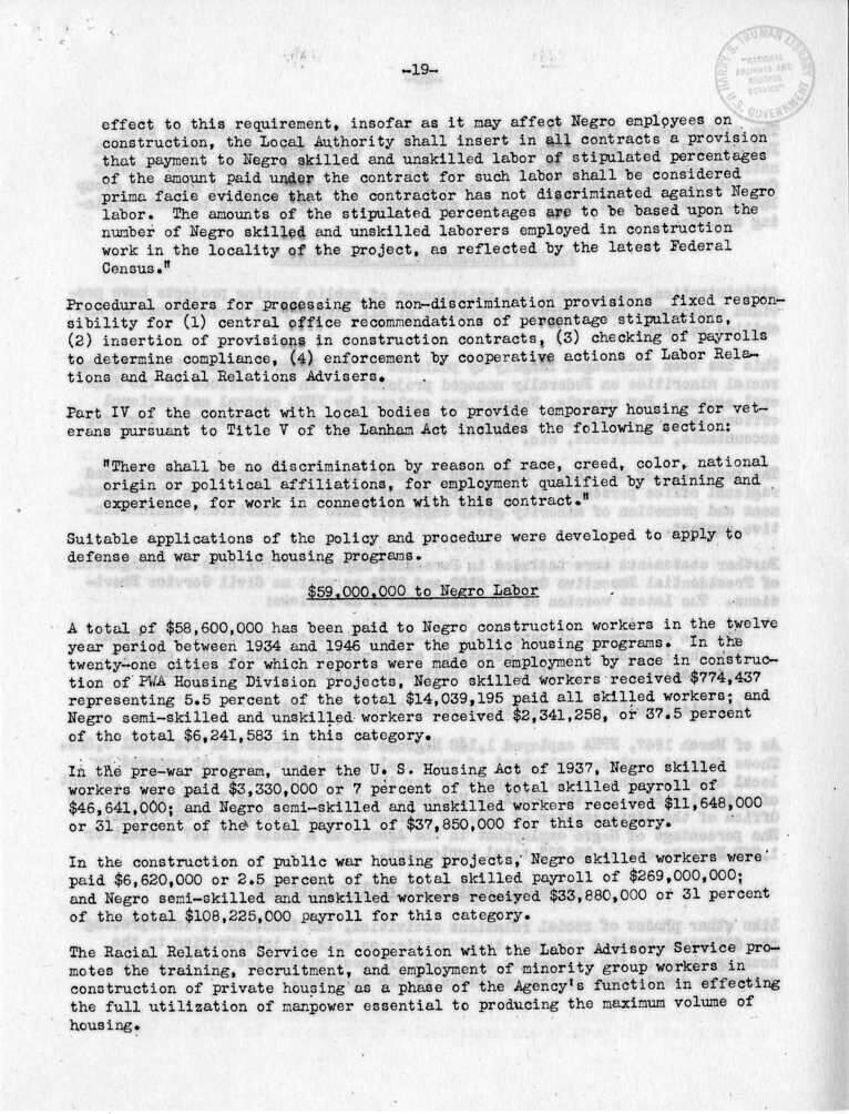 Memorandum,  Frank S. Horne to Philleo Nash, With Attached Statement to the President&#039;s Committee on Civil Rights