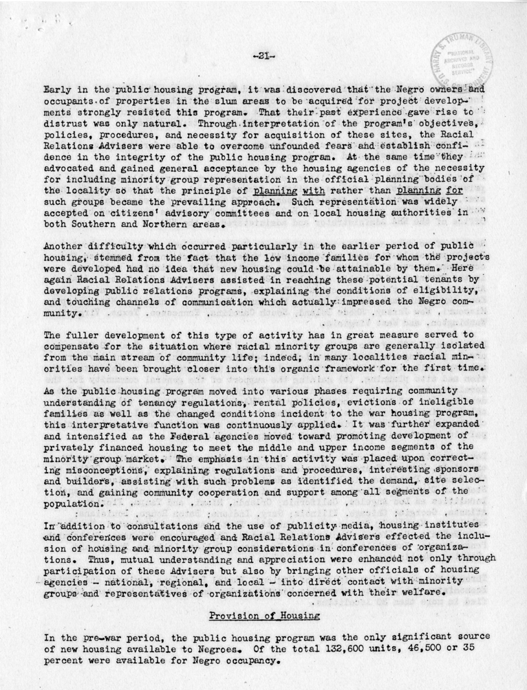 Memorandum,  Frank S. Horne to Philleo Nash, With Attached Statement to the President&#039;s Committee on Civil Rights