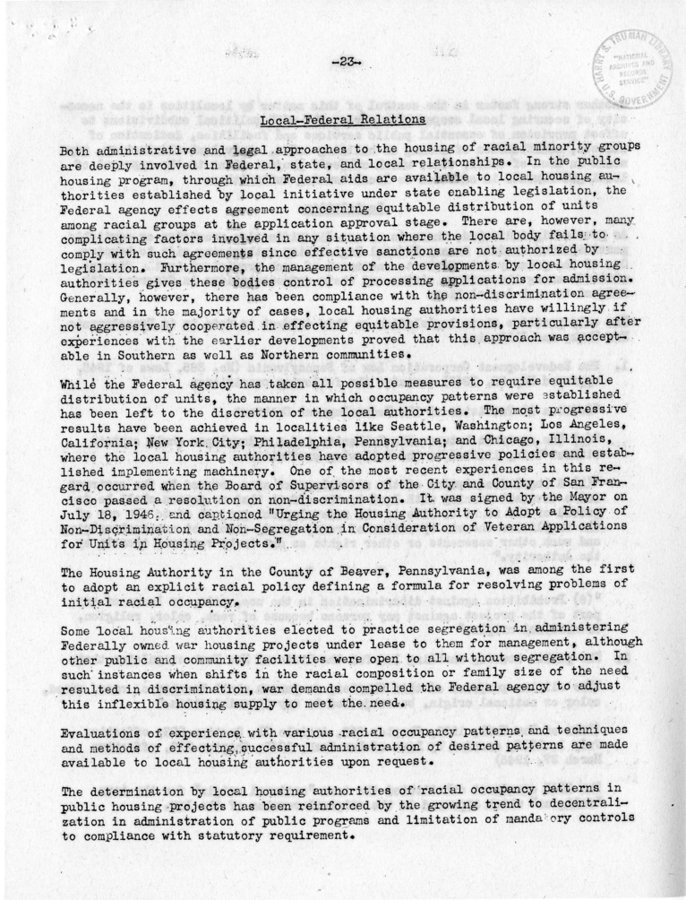 Memorandum,  Frank S. Horne to Philleo Nash, With Attached Statement to the President&#039;s Committee on Civil Rights