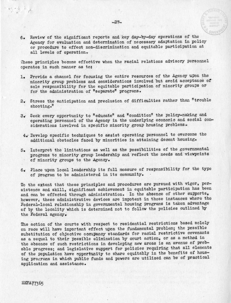Memorandum,  Frank S. Horne to Philleo Nash, With Attached Statement to the President&#039;s Committee on Civil Rights