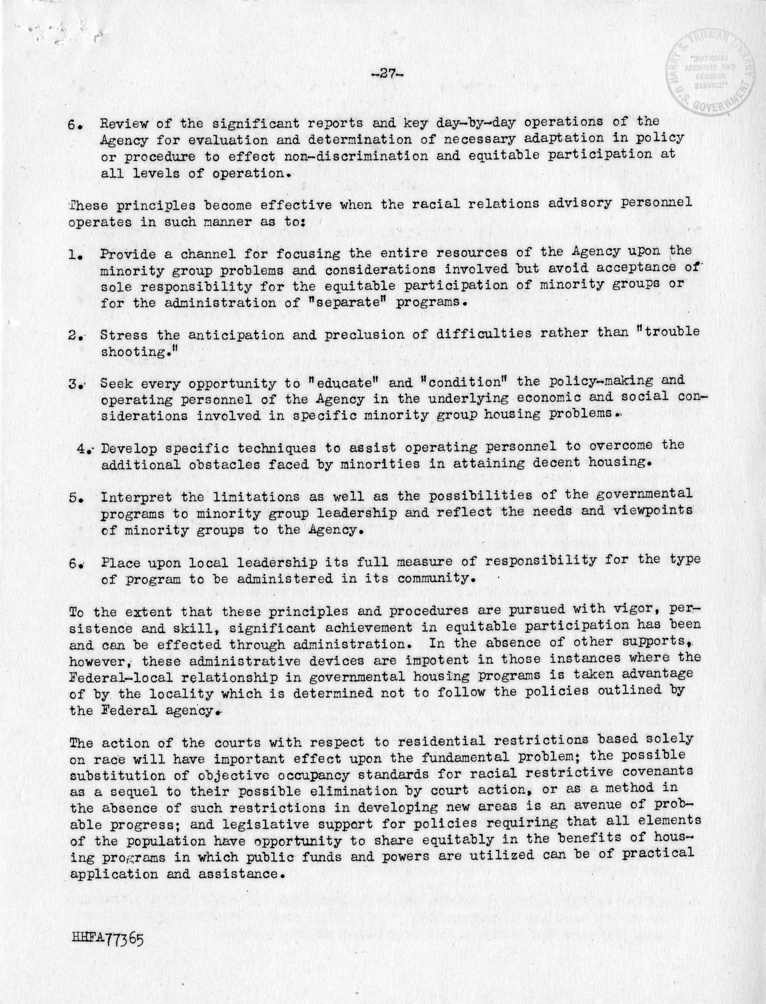 Memorandum,  Frank S. Horne to Philleo Nash, With Attached Statement to the President&#039;s Committee on Civil Rights