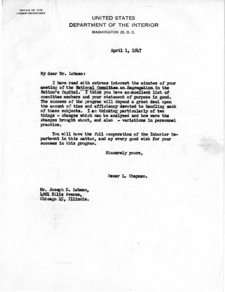 Correspondence Between Oscar Chapman and Joseph D. Lohman, With Attachments