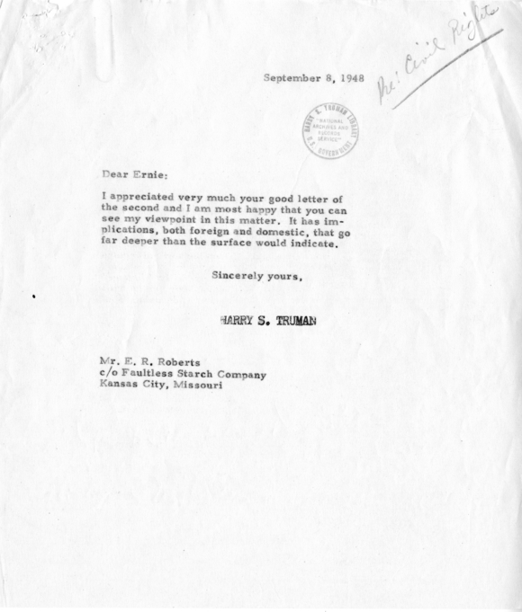 Correspondence Between Harry S. Truman and Ernie Roberts