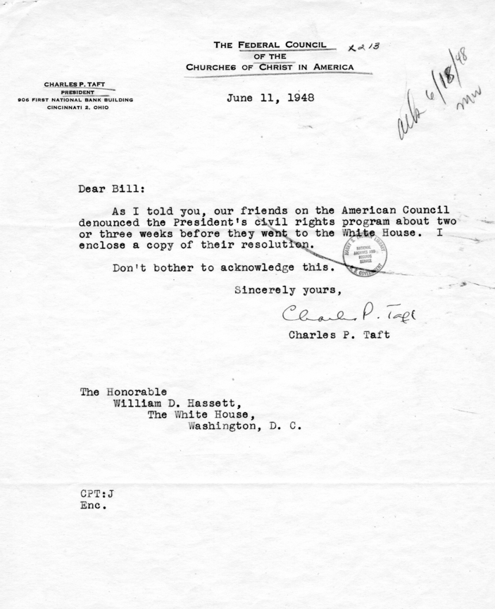 Correspondence Between William D. Hassett and Charles P. Taft